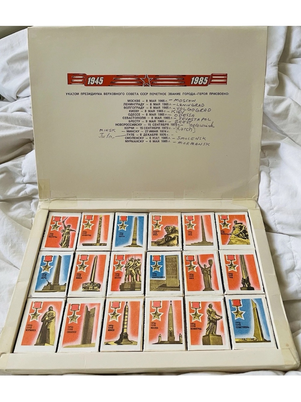 Vintage USSR Hero City Collectible Matchbook Gift Box Set of 18